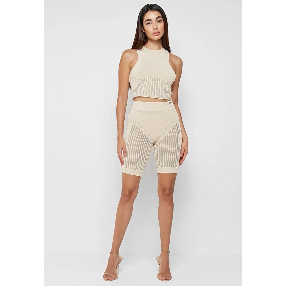 MANIERE DE VOIR Sheer Knitted High Waist Biker Shorts Cropped Top Set XS Cream